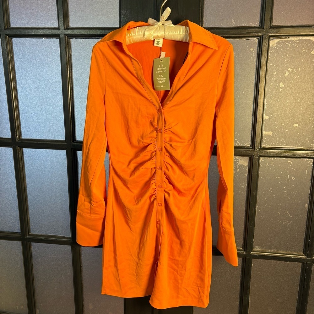 H&M Conscious Choice Orange Ruched Shirt Dress Small Button Front NWT